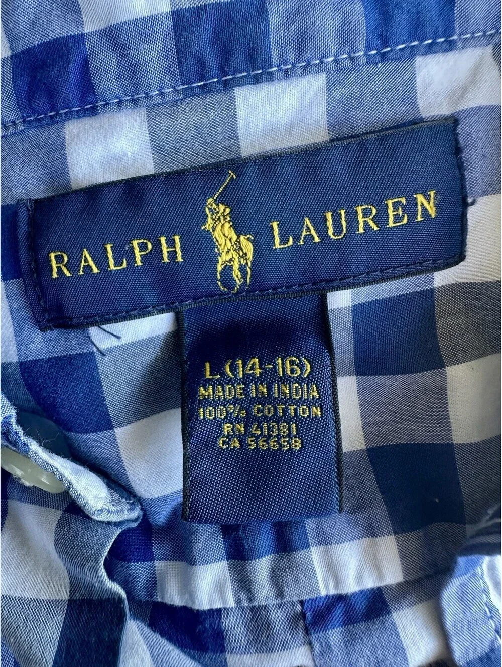 Ralph Lauren Boys Blue/White Check Button-Up Long Sleeve Shirt 14-16 Logo